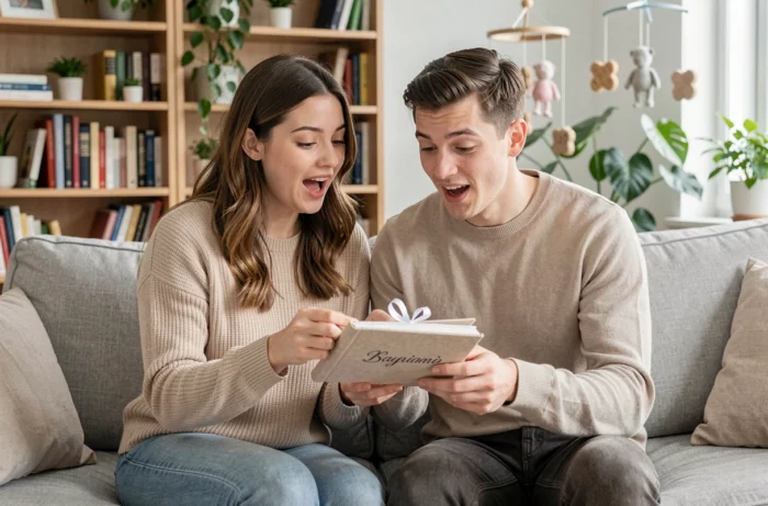 Jeune couple découvrant un livre souvenir bébé personnalisé fait main dans leur salon moderne
