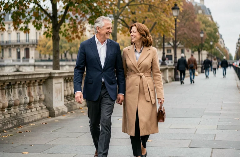 Couple élégant d'âge mûr se promenant le long d'une promenade parisienne en automne, partageant un moment de complicité