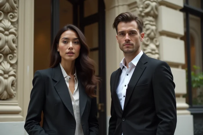 Couple parisien élégant en tenues The Kooples devant une façade haussmannienne à Paris