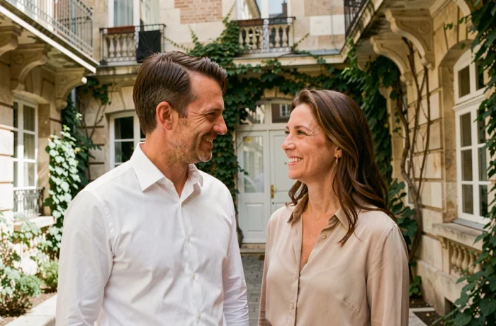 Couple élégant dans une cour parisienne typique, évoquant l'influence de la vie familiale et conjugale sur la trajectoire professionnelle d'un personnage médiatique