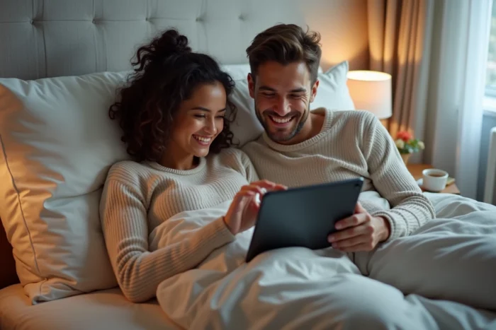 Couple regardant un film en streaming gratuit sur tablette dans leur chambre confortable