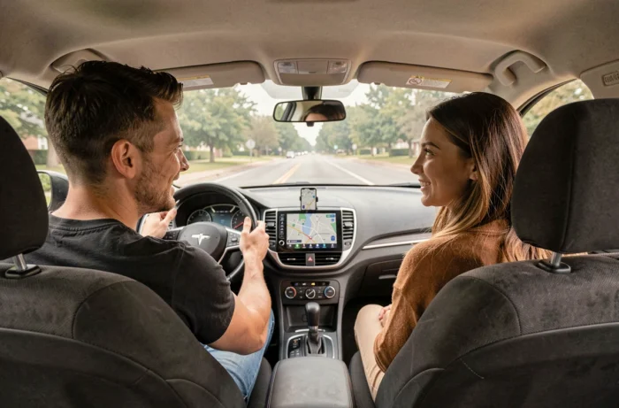 Passagers partageant un trajet en covoiturage Citygo dans une voiture moderne, ambiance conviviale et économique