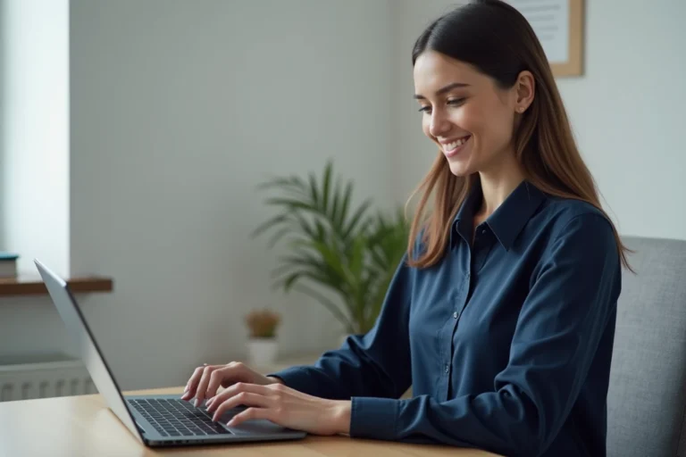 Femme en train de créer son CV en ligne sur un ordinateur portable dans un bureau à domicile moderne