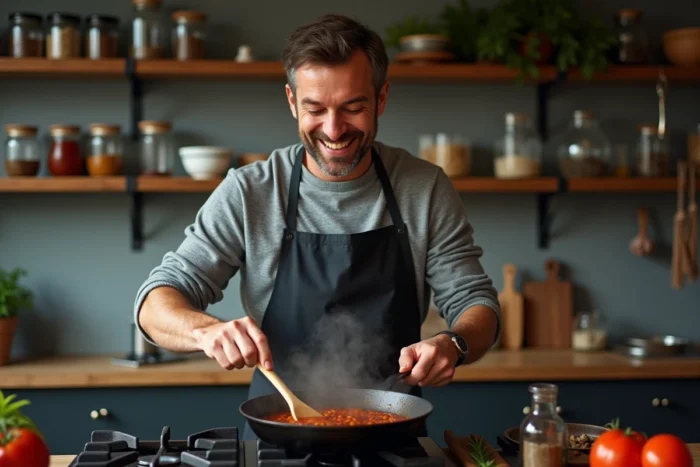 Cuisinier préparant une sauce dans une poêle en fonte sur une cuisinière à gaz dans une cuisine moderne