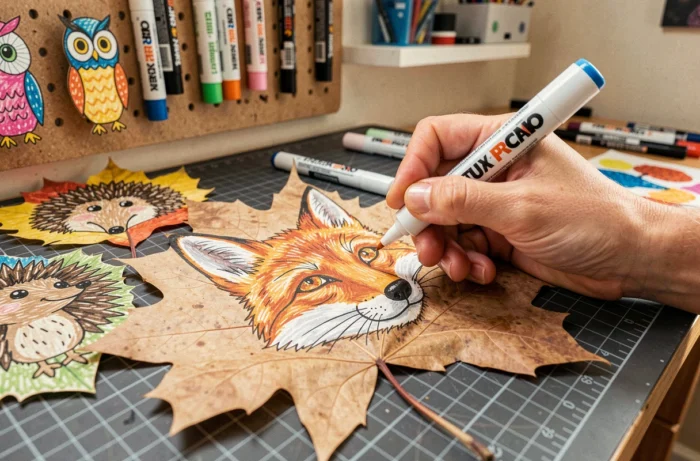 Main dessinant un renard stylisé avec des feutres Posca colorés sur une grande feuille séchée