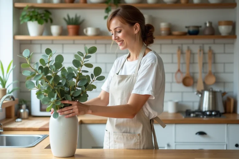 Femme arrangeant des branches d'eucalyptus dans une cuisine scandinave minimaliste pour décorer son intérieur au quotidien