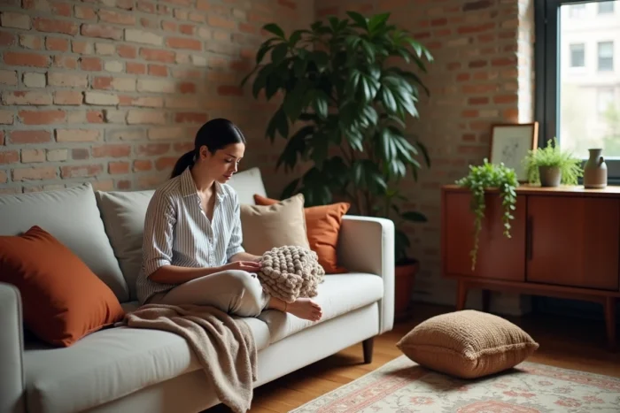 Femme réarrangeant coussins et plaid sur un canapé dans un appartement décoré avec des éléments vintage et des plantes vertes