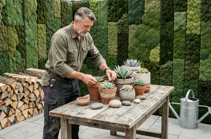 Homme arrangeant des succulentes et des jardinières en céramique sur une terrasse pavée avec mur végétal en mousse en arrière-plan