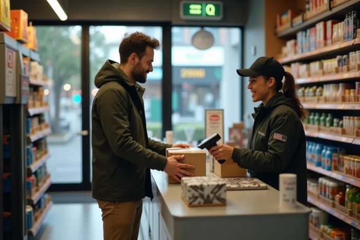 Homme déposant un colis Vinted Go dans un point relais de proximité avec scan de l'étiquette de livraison