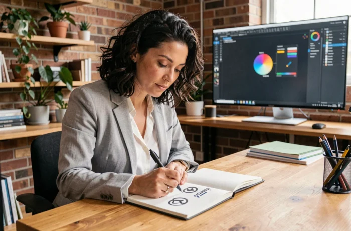Designer graphique créant des esquisses de logo professionnel dans un studio moderne
