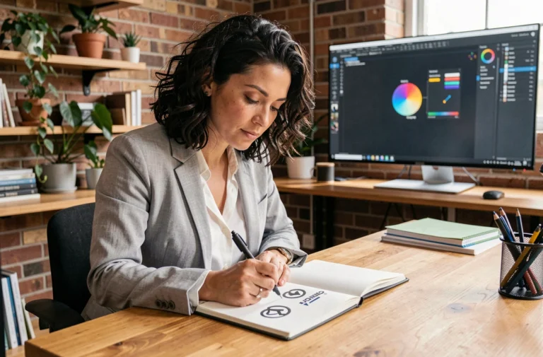 Designer graphique créant des esquisses de logo professionnel dans un studio moderne