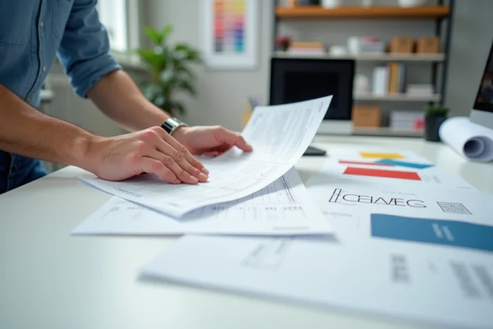 Mains d'un designer disposant des supports imprimés de la nouvelle identité visuelle d'une entreprise rebrandée