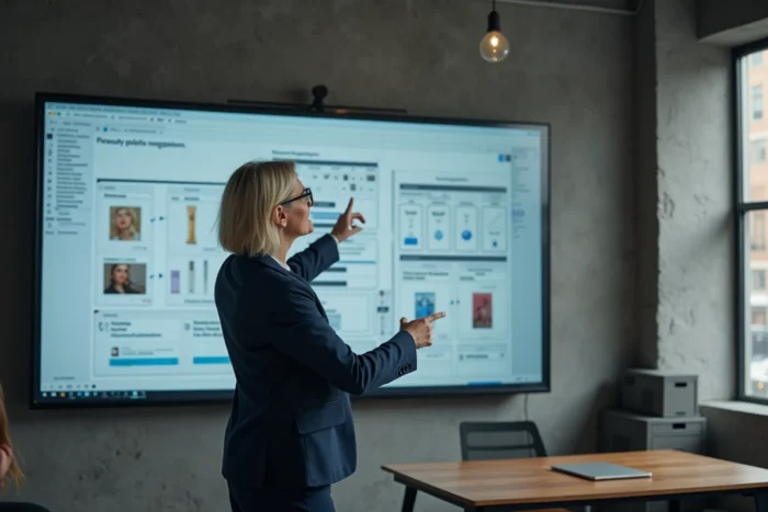 Designer web professionnelle présentant un sitemap de site e-commerce beauté sur grand écran en agence