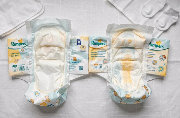 Vue de dessus comparative de deux couches Pampers ouvertes côte à côte montrant les détails d'absorption et les motifs imprimés sur fond blanc coton
