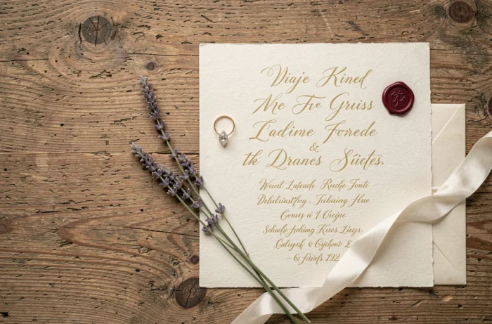Détails de mariage en gros plan : faire-part calligraphie, alliance diamant et lavande séchée sur bois ancien