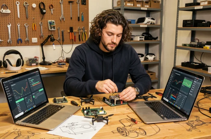 Développeur assemblant un prototype technologique dans un laboratoire maker rempli de gadgets