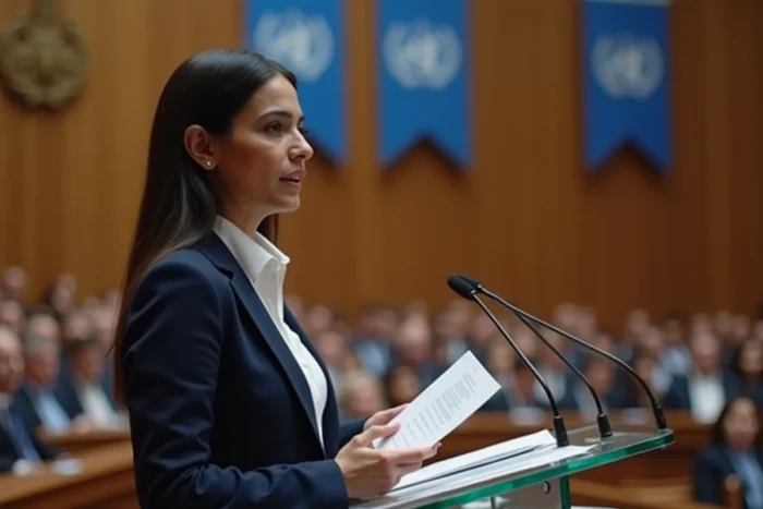 Femme diplomate prenant la parole lors d'une assemblée internationale sur les objectifs du développement durable et les principes de l'ONU