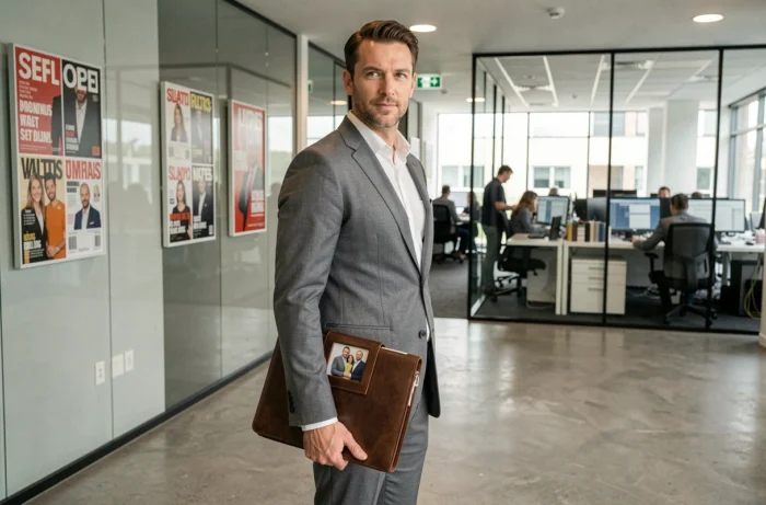 Directeur médiatique dans le hall d'un groupe de presse français, le portfolio contenant une photo de famille symbolisant l'impact de sa vie privée sur sa carrière professionnelle