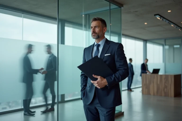 Dirigeant d'entreprise devant le nouveau logo lors d'un rebranding corporate dans un hall moderne