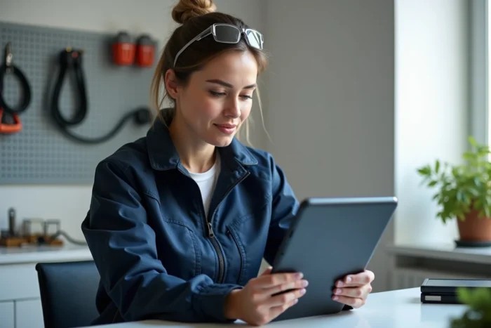 Électricienne professionnelle mettant à jour son profil artisan sur tablette dans un bureau moderne