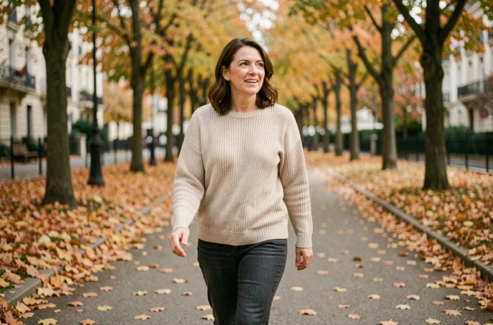 Femme se promenant dans un parc en automne avec des feuilles dorées, instant de vie quotidienne et familiale