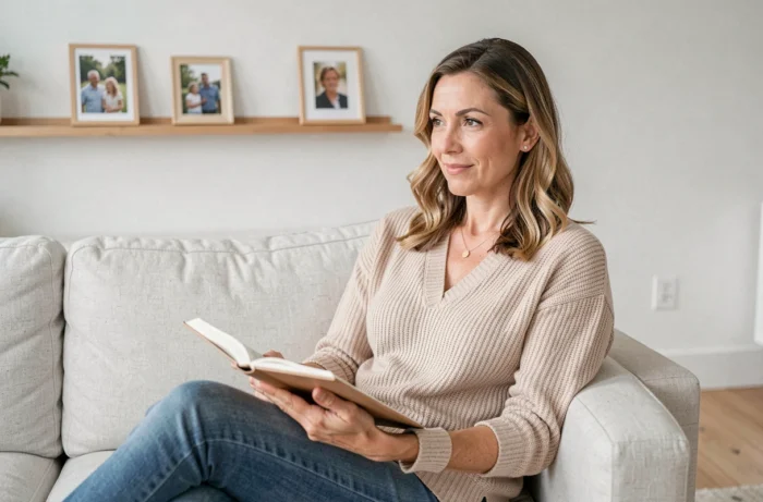 Femme lisant un livre dans un salon minimaliste avec des photos de famille en arrière-plan, portrait de vie privée