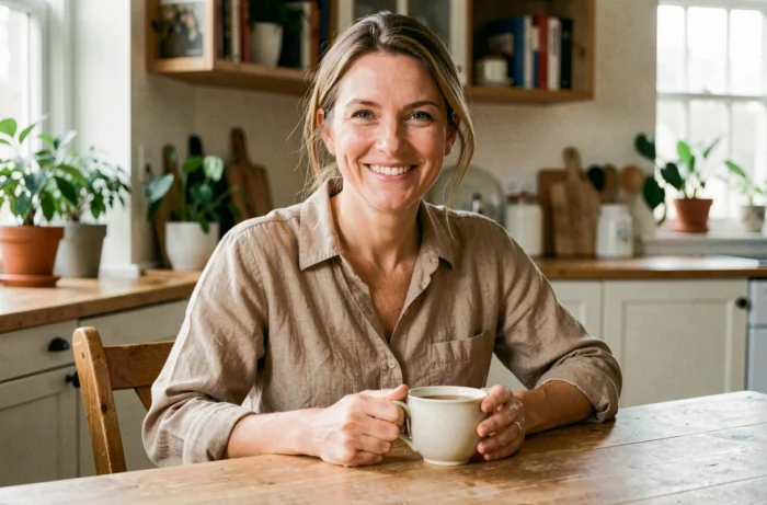 Femme souriante assise dans une cuisine chaleureuse tenant une tasse de thé, atmosphère intimiste de vie privée