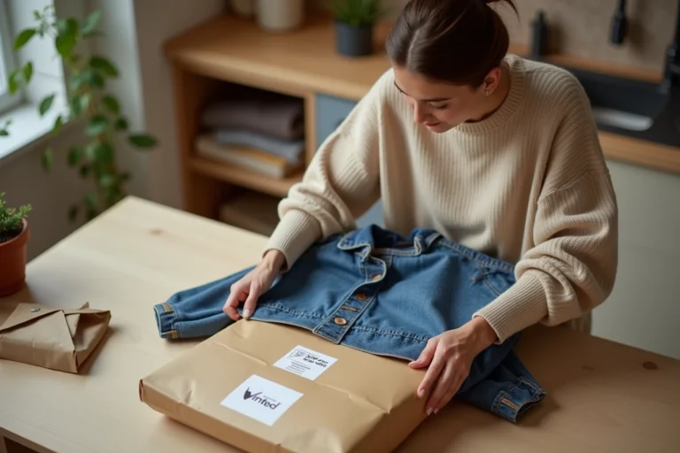 Jeune femme emballant un vêtement secondhand pour un envoi Vinted Go avec étiquette de livraison sur une table en bois