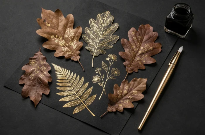 Empreintes végétales et motifs botaniques à l'encre dorée sur feuilles séchées disposées sur carton noir