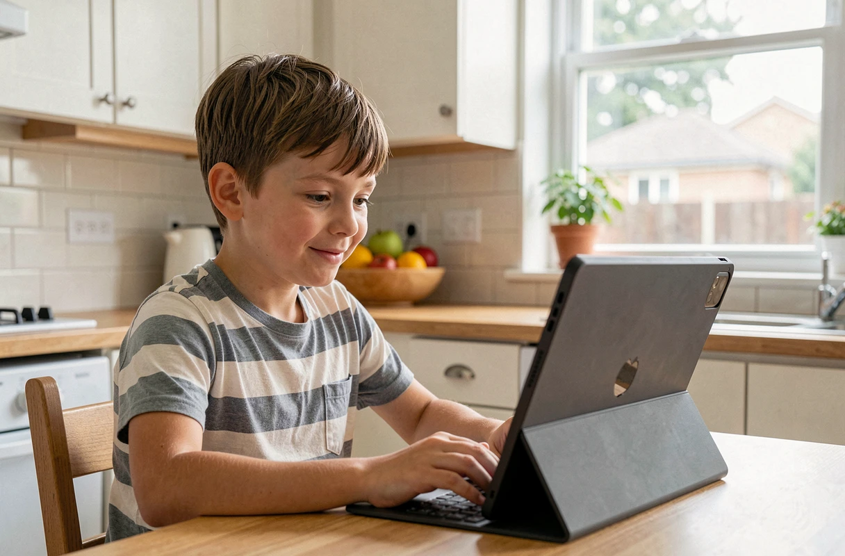 Enfant participant à une séance d'orthophonie en ligne sur tablette dans la cuisine familiale