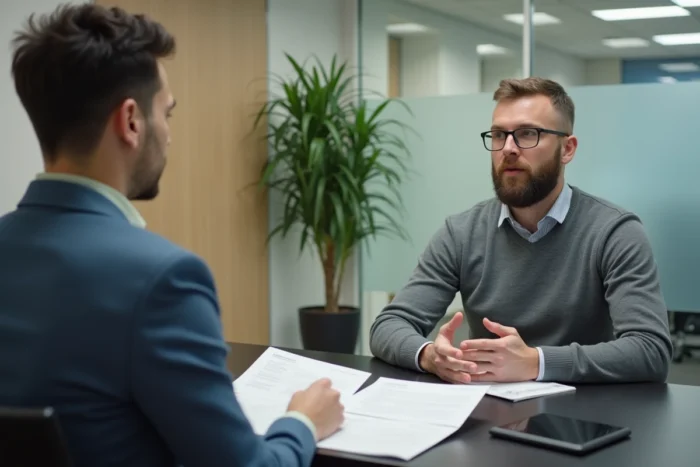 Homme adulte en entretien avec un conseiller en formation professionnelle continue pour évaluer son éligibilité