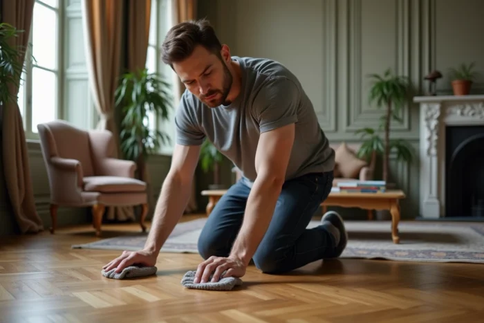 Homme entretenant le parquet en bois d'un appartement haussmannien avec soin et méthode pour conserver son éclat naturel