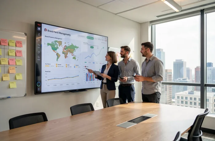 Équipe marketing réunie en salle de réunion pour analyser une stratégie de présence management et de visibilité de marque en ligne