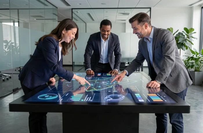 Équipe de professionnels collaborant autour d'une table tactile avec des interfaces d'innovation technologique