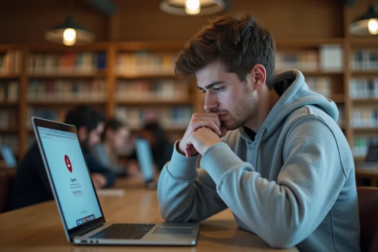 Étudiant CESI face à une erreur de connexion sur l'ENT depuis son ordinateur portable en bibliothèque universitaire