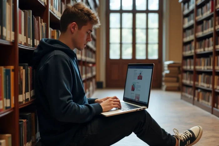 Étudiant explorant le plan du site Tic et Net sur son ordinateur portable dans une bibliothèque universitaire