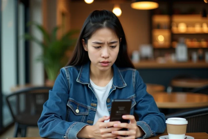 Étudiante tentant de réinitialiser son mot de passe ENT CESI depuis un smartphone dans un café