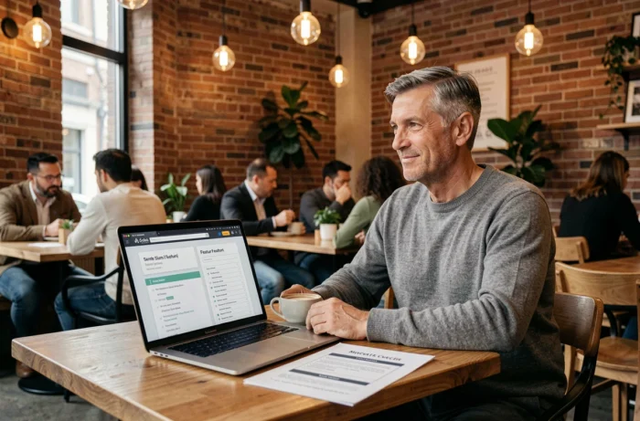 Entrepreneur masculin évaluant les options Prolencia Smart et Formanovadigital dans un café moderne avec checklist imprimée