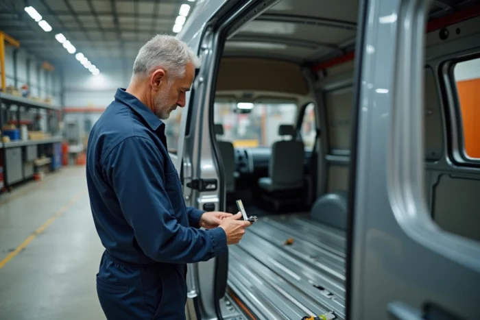 Artisan inspectant le châssis d'une caravane en cours de fabrication dans une usine industrielle