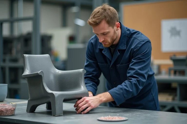 Artisan inspectant une chaise de jardin en résine sur une ligne de fabrication Hespéride dans une usine moderne
