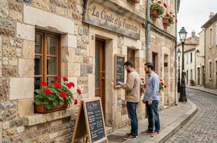 Façade extérieure du restaurant La Cigale et la Fourchette avec enseigne peinte à la main et clients à l'entrée