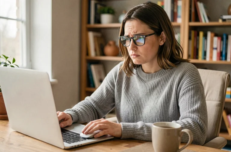 Femme annulant une commande sur un site e-commerce depuis son ordinateur portable à domicile