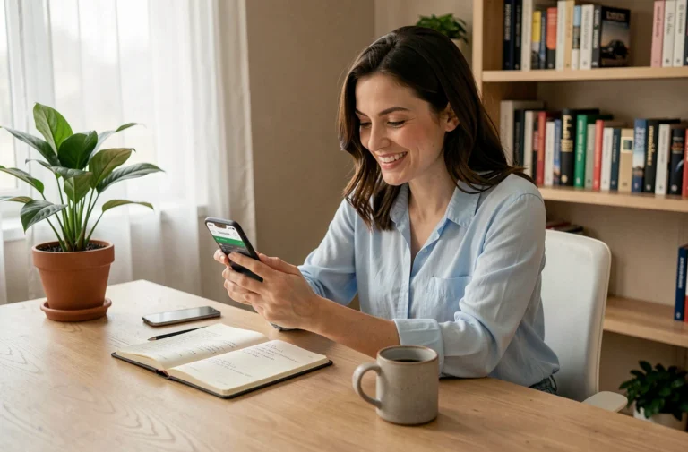 Femme utilisant une application de covoiturage sur smartphone pour augmenter ses revenus depuis chez elle