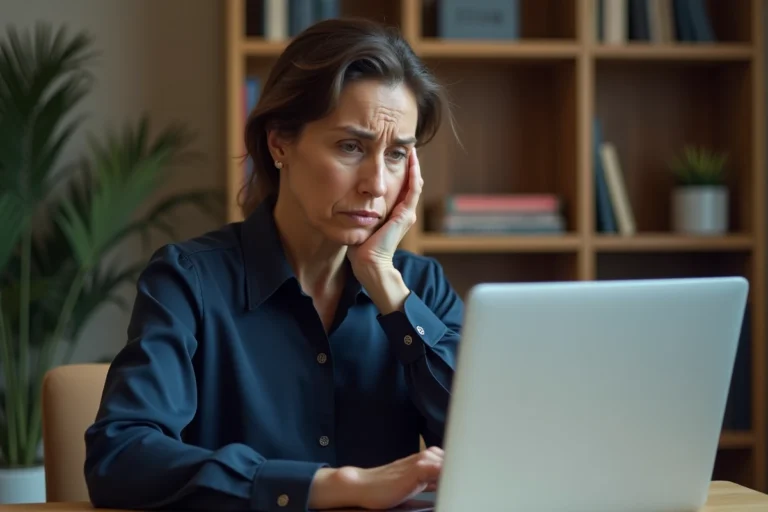 Femme inquiète devant un ordinateur portable affichant un site frauduleux imitant les créances publiques françaises