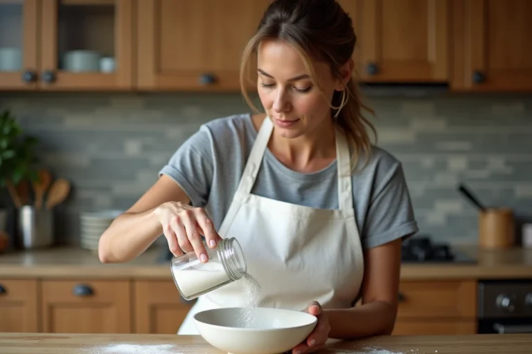 Femme versant du bicarbonate de soude dans un bol en céramique sur un comptoir de cuisine en bois pour créer de la fumée spectaculaire