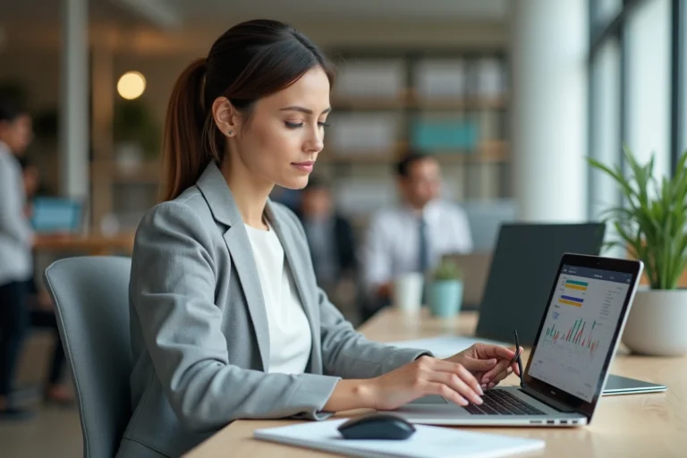 Femme professionnelle utilisant des outils bureautiques sur ordinateur portable et tablette dans un bureau moderne