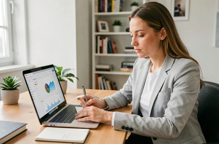 Femme travaillant sur sa présence web depuis un bureau moderne à domicile, prenant des notes devant un tableau de bord analytique