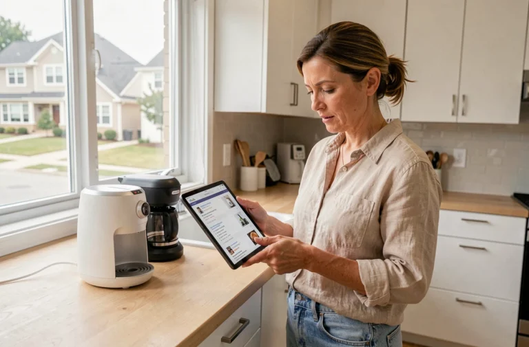 Femme comparant des appareils électroménagers dans une cuisine moderne pour choisir l'équipement adapté à son budget