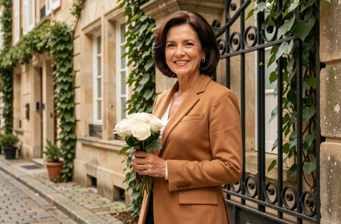 Femme élégante aux cheveux sombres tenant un bouquet de roses blanches devant un portail en fer forgé dans un quartier résidentiel français