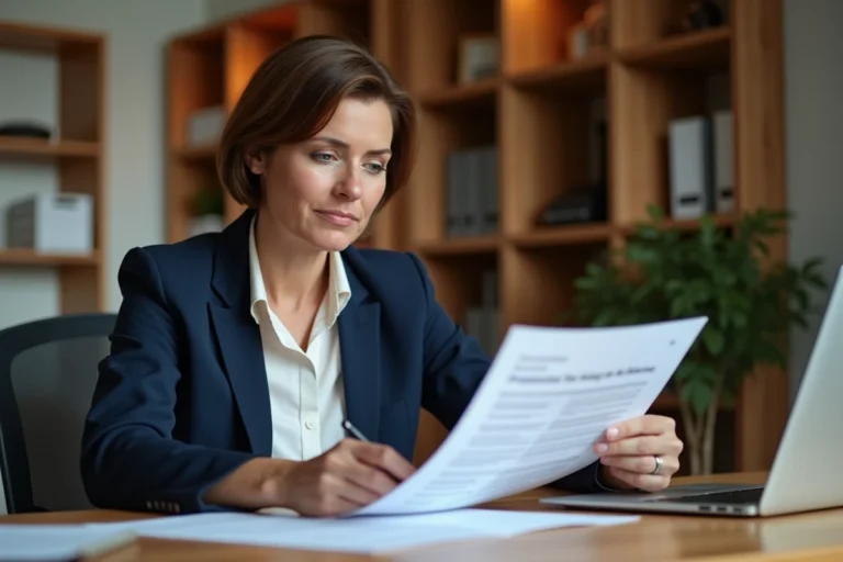 Femme adulte en bureau consultant un document sur son éligibilité à la formation professionnelle continue